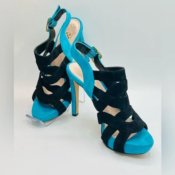 VINCE CAMUTO Blk&Turquoise XCross Strappy Suede 4” Platform Heels US 7.5 EU 37.5 - Picture 5 of 7